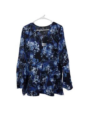 Slim Factor By Investments Womens Blue Floral V-Neck Pullover Blouse SZ XL NEW